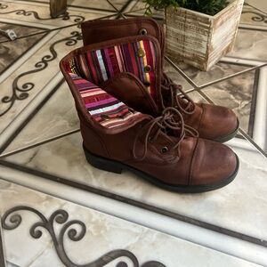 American Eagle Outfitters Brown Lace-Up Fold-Over Boots with Striped Lining